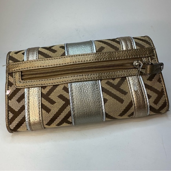 Tignanello Leather & Canvas Trifold Wallet Clutch Monogram T Brown Tan Paisley - Picture 6 of 11